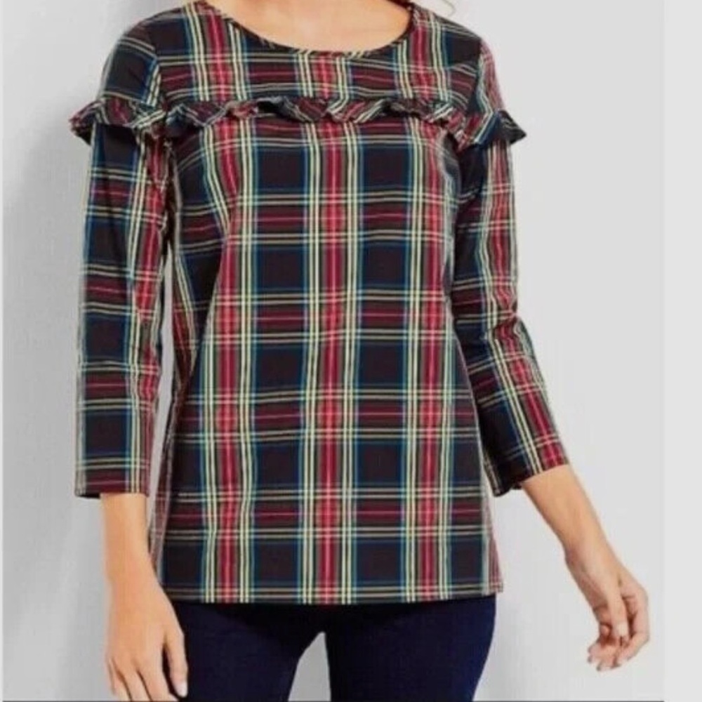Talbots Size Small Stewart Tartan Plaid Poplin Ruffle Popover 3/4 Sleeve Blouse